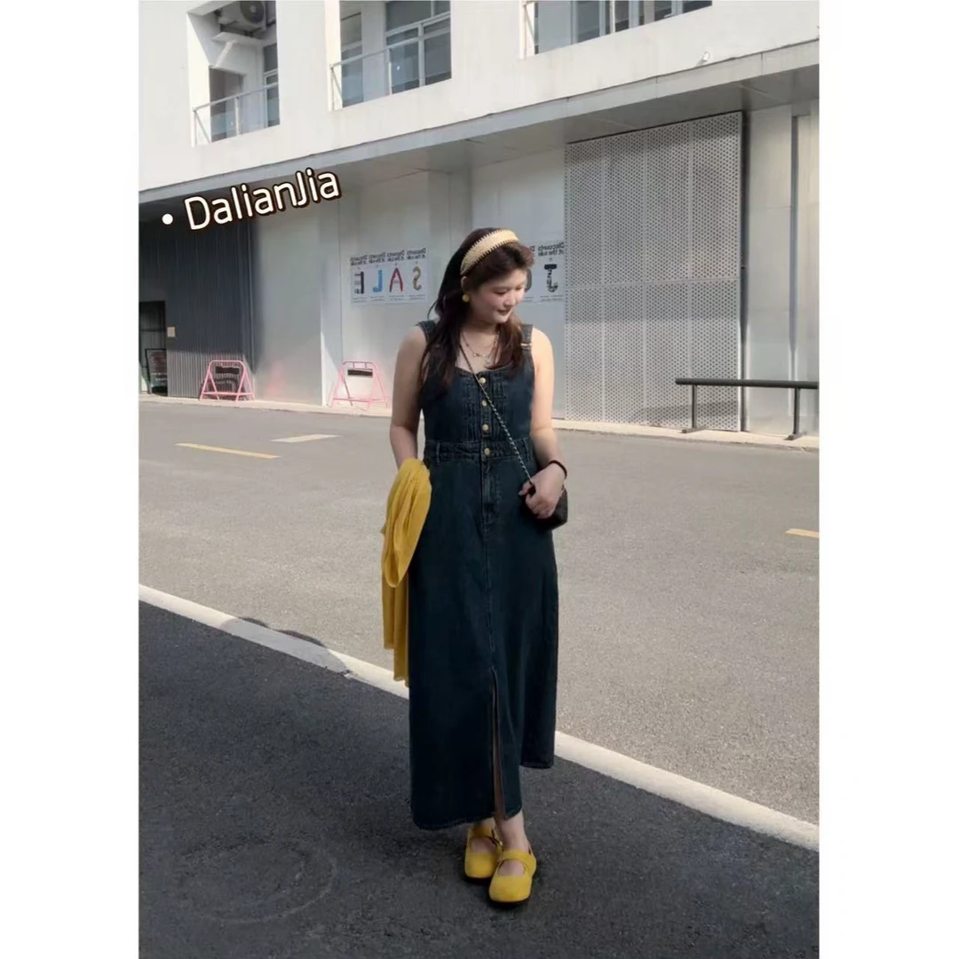 晶咕佳佳【千禧回潮】复古牛仔单排扣背带裙显瘦高腰时尚两