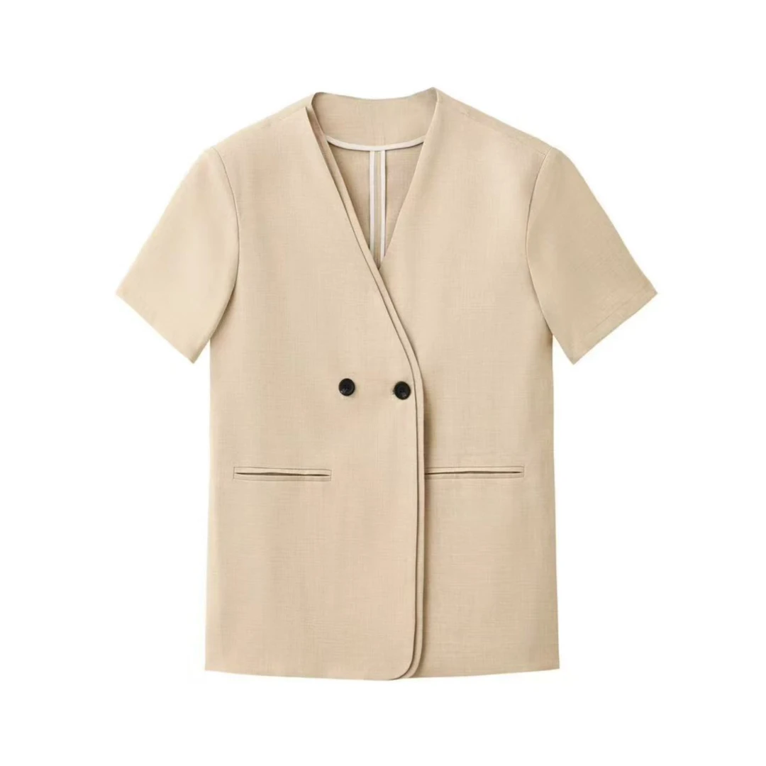 【阿婉优选推荐双色麻V领西装】高级外套宽松百搭显瘦气质半袖上衣