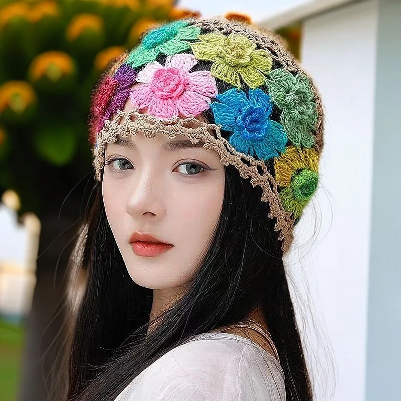 帽子女春秋新款针织套头帽时尚百搭中老年夏季女士镂空钩花毛线帽