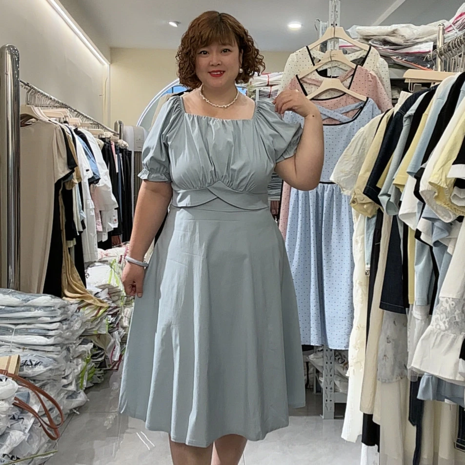 8986方领荷叶边气质连衣裙女装夏季胖mm大码泡泡袖法式松紧腰长裙