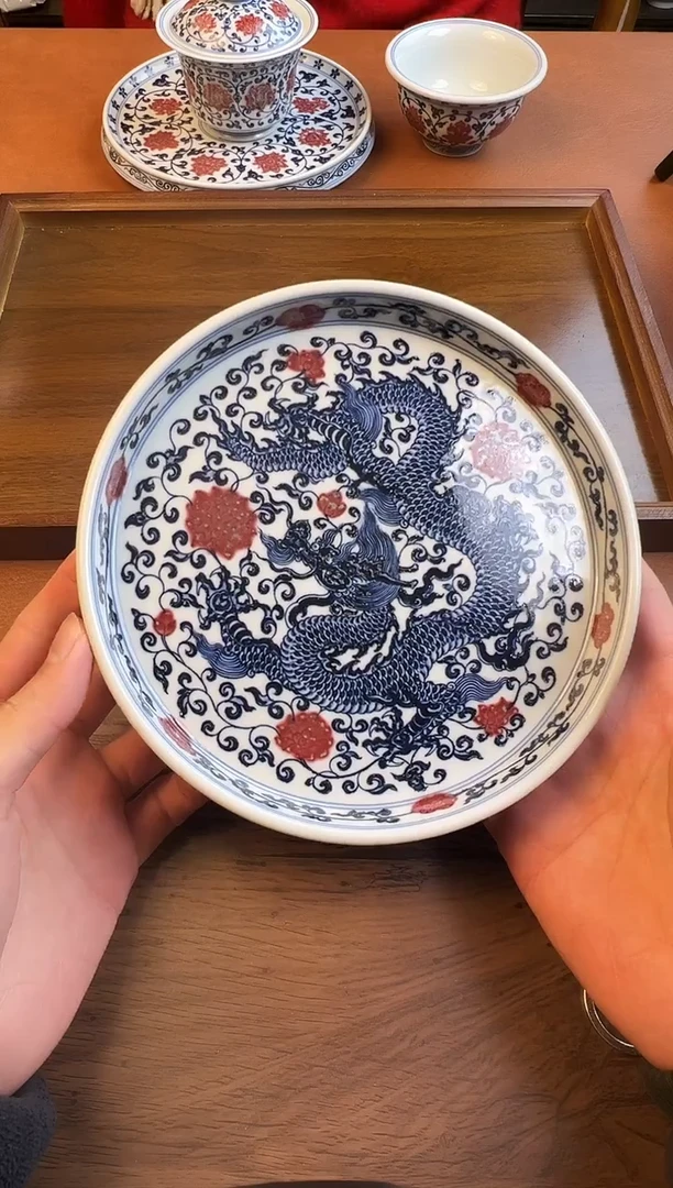 一**香问青坊柴窑青花釉里红龙纹壶承