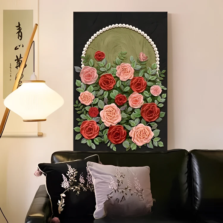 中古风客厅壁画装饰画玄关挂画珍珠玫瑰奶油风沙发背景墙卧室墙壁