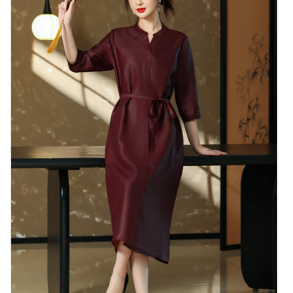 【香云纱连衣裙】数兰朵100%全真丝35姆米 气质剪刀领五分袖连衣裙