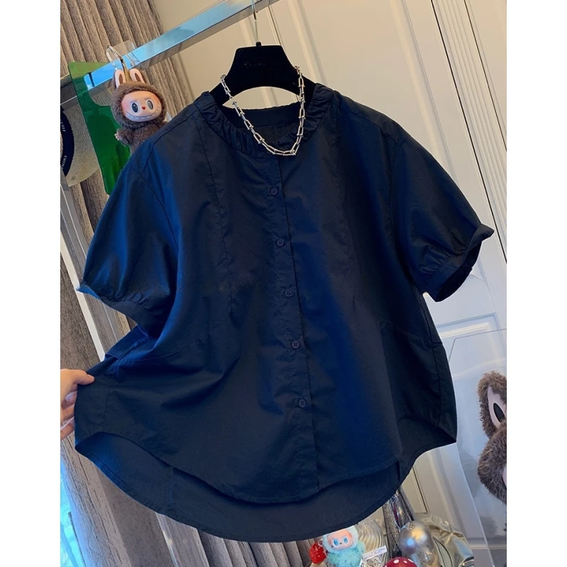 时尚设计感法式气质褶皱棉布短袖衬衫宽松独特漂亮上衣女夏季新款