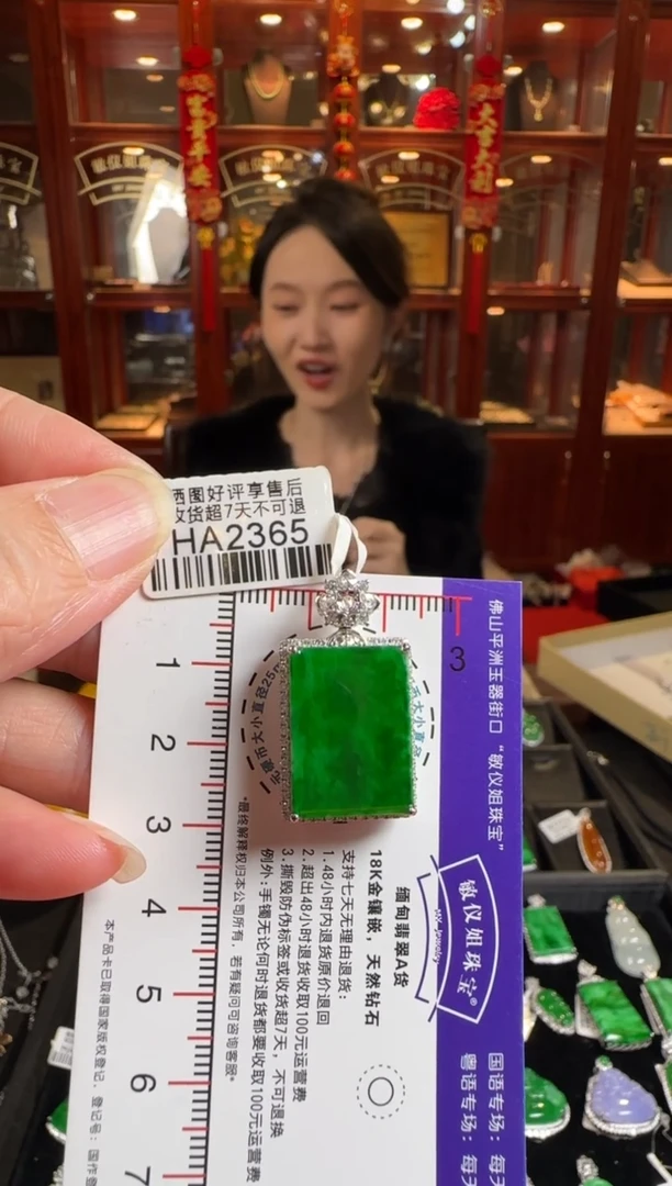 颈饰18K金镶嵌翡翠HA2365冰辣绿无事牌
