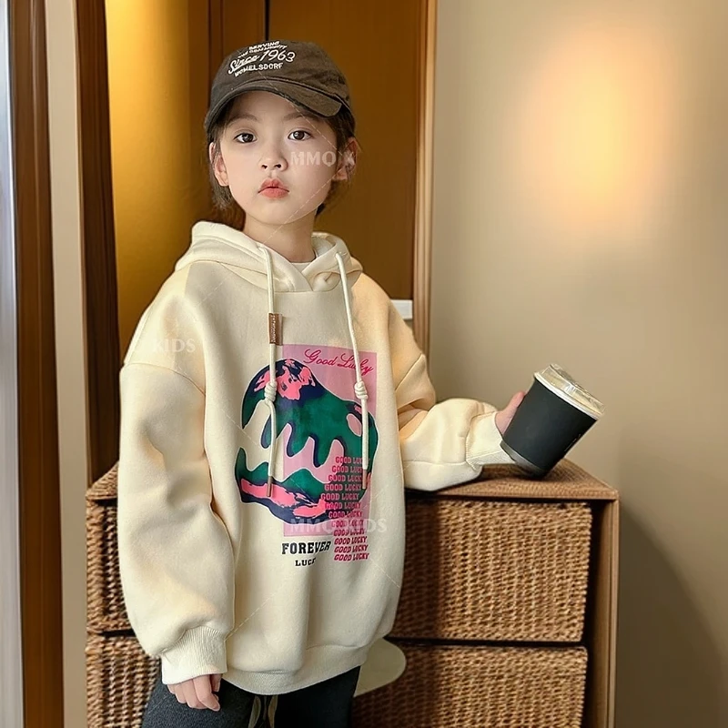 女童加绒加厚卫衣2025秋冬新款绿龙嘴宽松童装宝宝休闲上衣潮