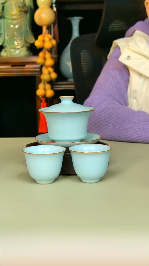 杯子陶马蹄盖碗加两杯全手工原矿天青不完美