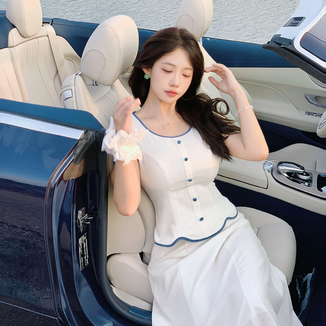 黑茉莉与甜酒 海风之约 亲肤透气上衣A字裙套装花边显瘦夏女