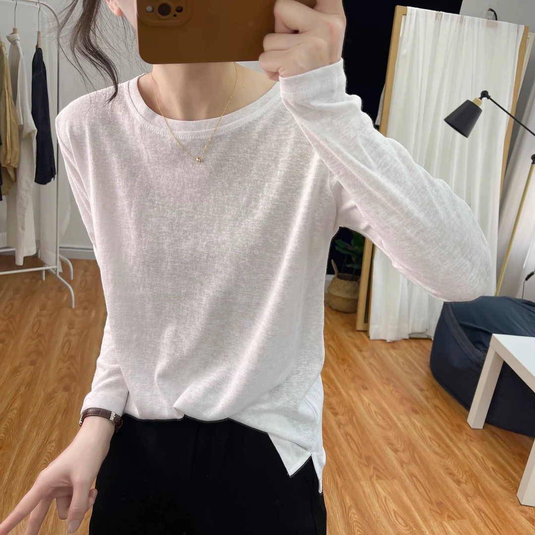 白色雪花棉长袖女t恤小个子新款春秋冬宽松棉麻减龄内搭打底衫