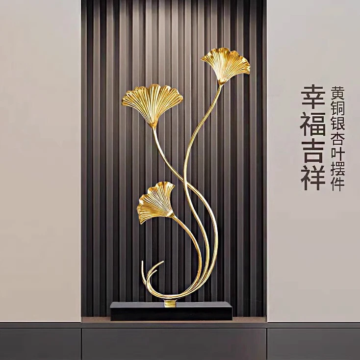 客厅摆件高档全铜银杏叶摆件新中式现代入户玄关电视柜装饰品摆件