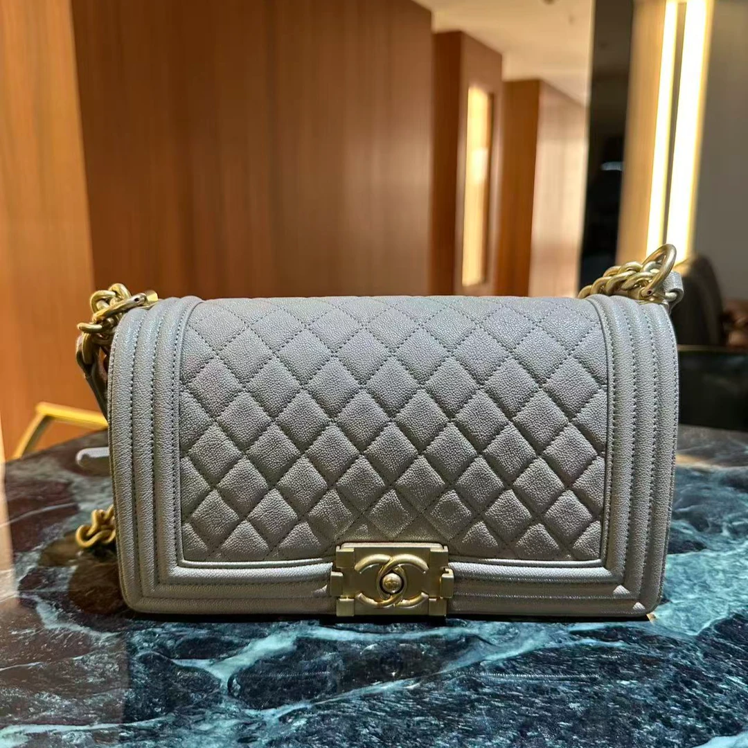 95新 Chanel/香奈儿 Chanel/香奈儿灰色荔枝皮leboy金扣