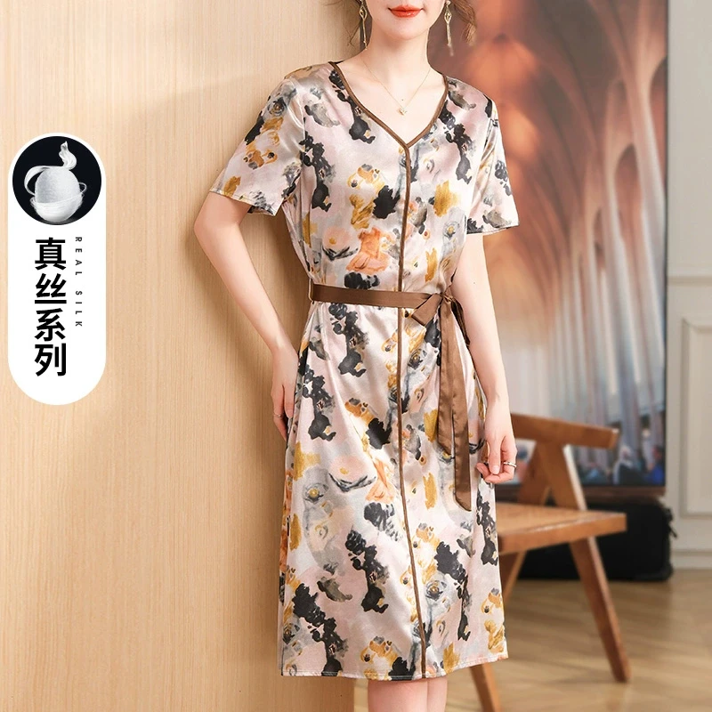 妈妈夏装真丝连衣裙时尚水墨画2025新款中年女气质显瘦桑蚕丝裙子
