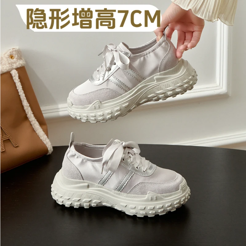 德训鞋女内增高7cm阿甘鞋夏季真皮透气绸缎芭蕾厚底复古老爹鞋子