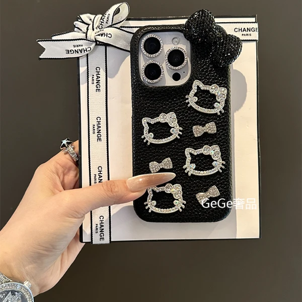 kt猫蝴蝶结荔枝纹皮质适用苹果16promax手机壳iphone15/14/13女12