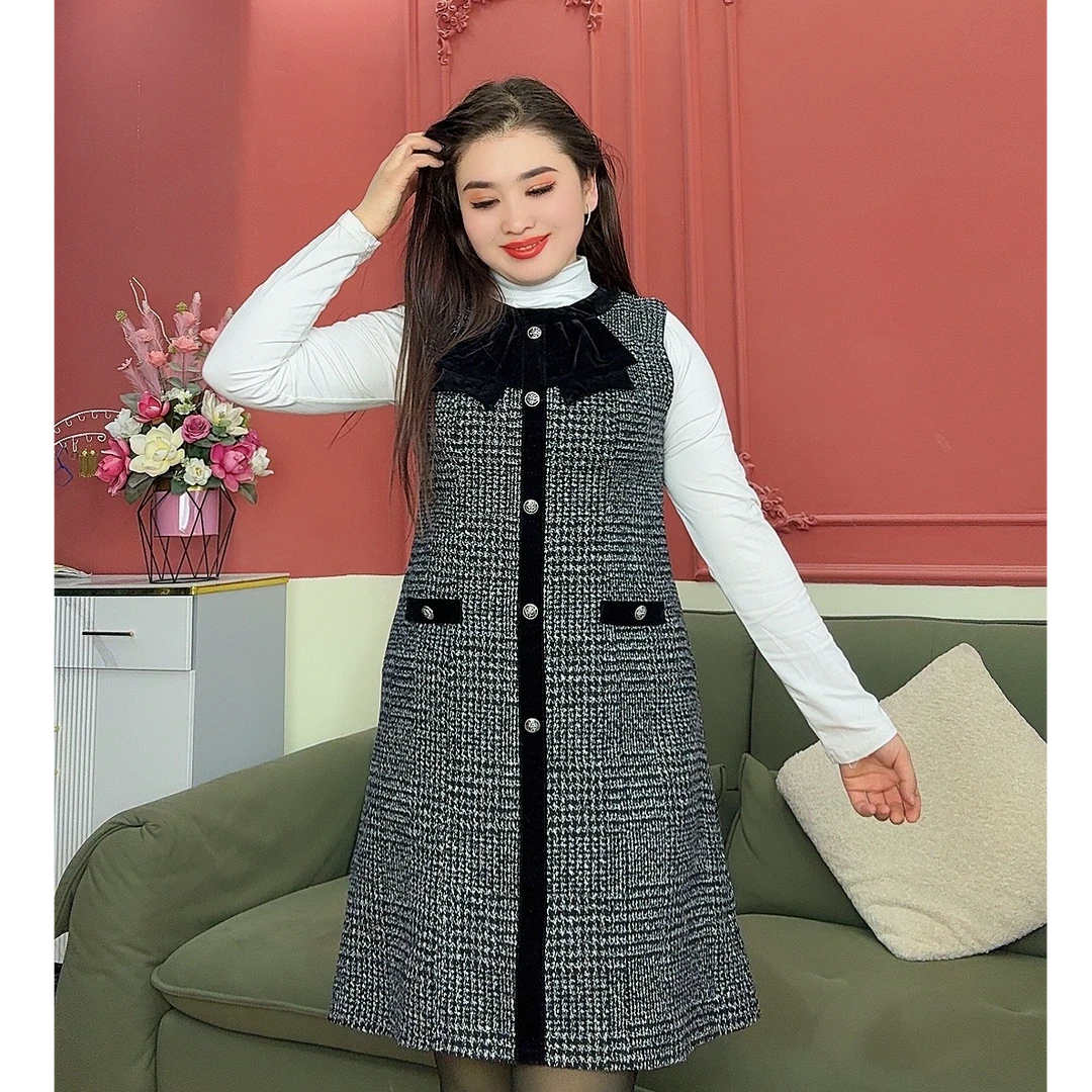 2025格子短款裙子时尚黑领
