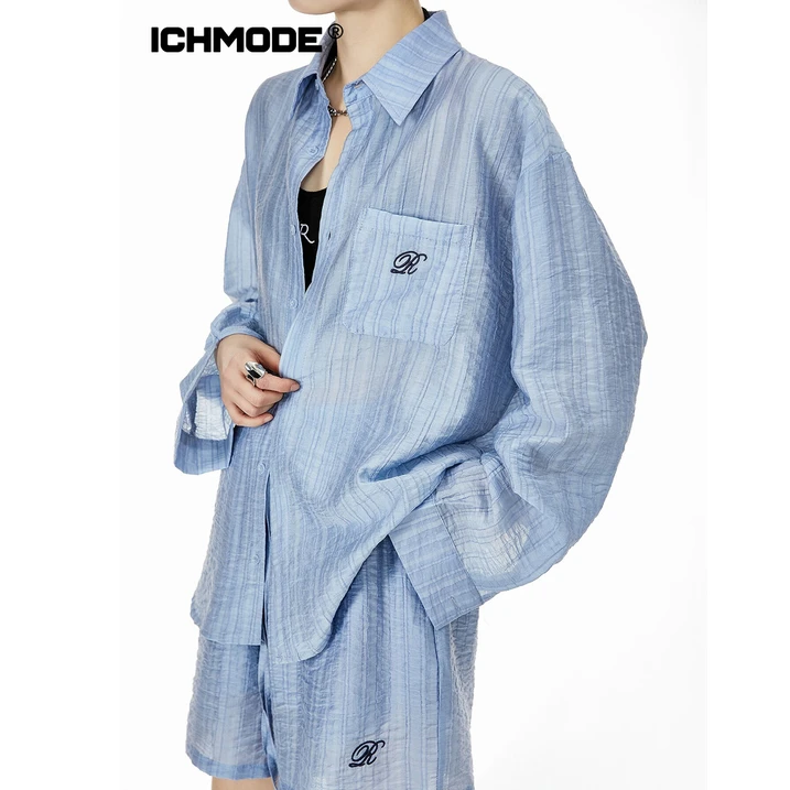 ICHMODE夏季衬衫美式慵懒衬衫女款宽松休闲提花时尚情侣夏季复古