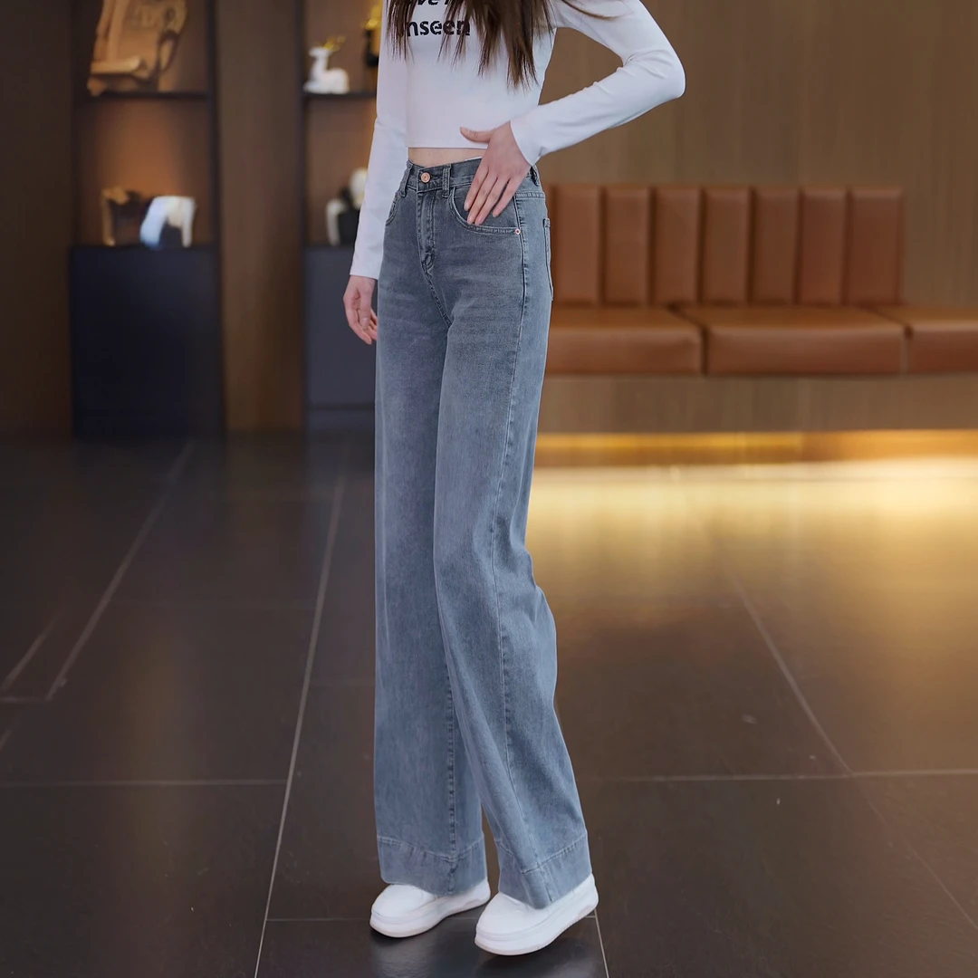 宽松春夏松紧腰垂感高腰显瘦直筒大码拖地裤复古烟灰色阔腿牛仔裤