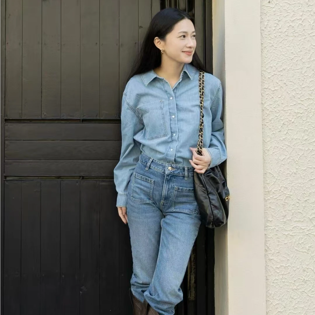 B273复古简约翻领气质不对称衬衣女装上衣长袖通勤风衬衫外套273