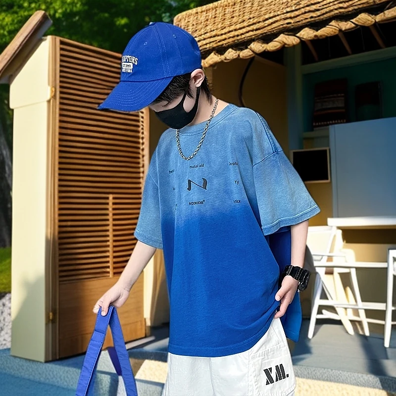 【蓝色工艺喷白套装】男童夏季新款中大童夏装男孩帅气洋气两件套