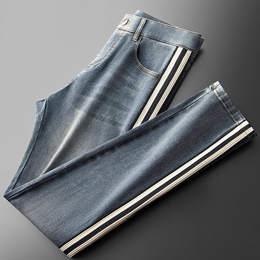 锡芝班拿时尚帅气撞色织带拼接水洗弹力棉质男修身直筒休闲牛仔裤