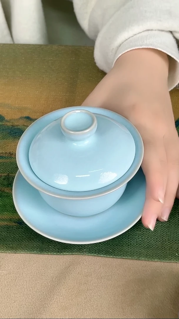 盖碗瓷韩红 天青釉 马蹄盖碗