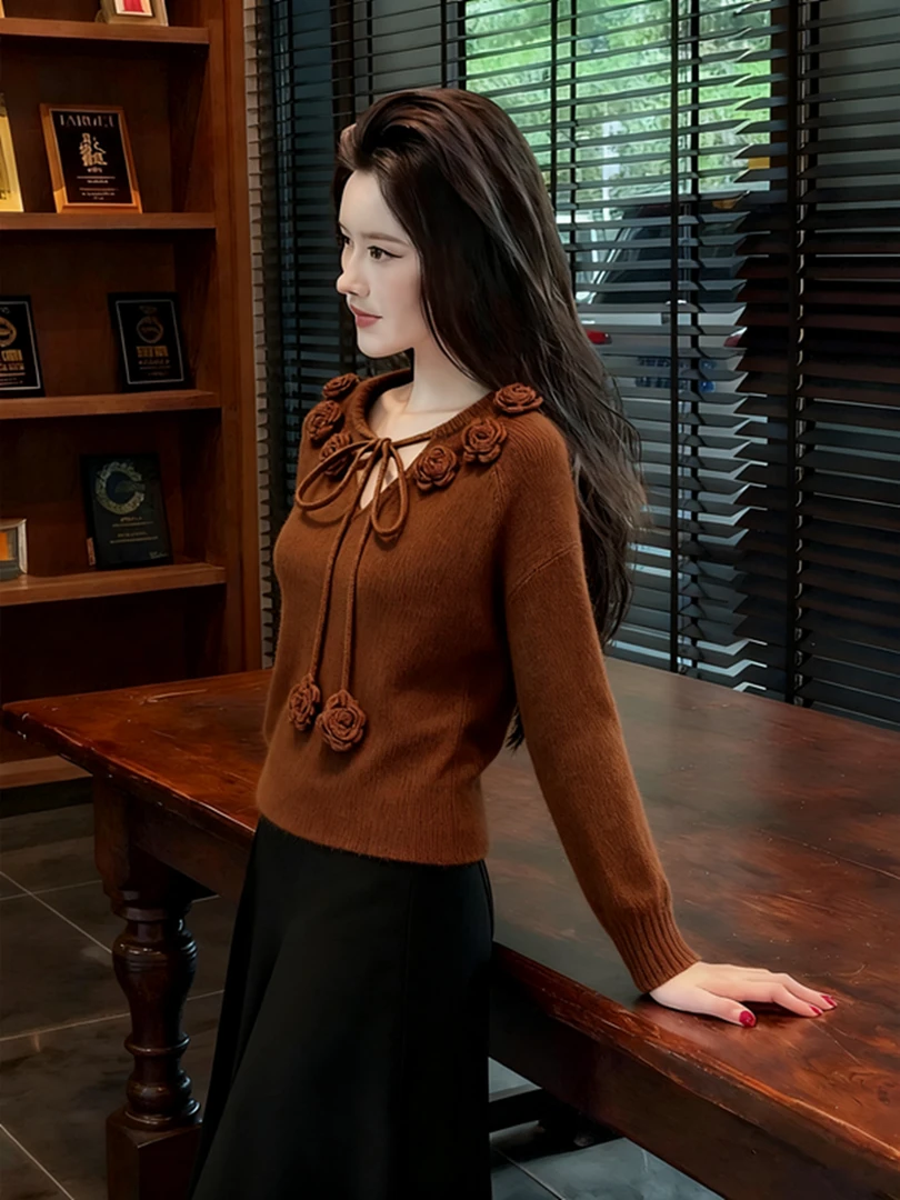 秋季韩里韩气上衣独特轻熟风洋气减龄轻奢高级感时尚棕色针织衫女