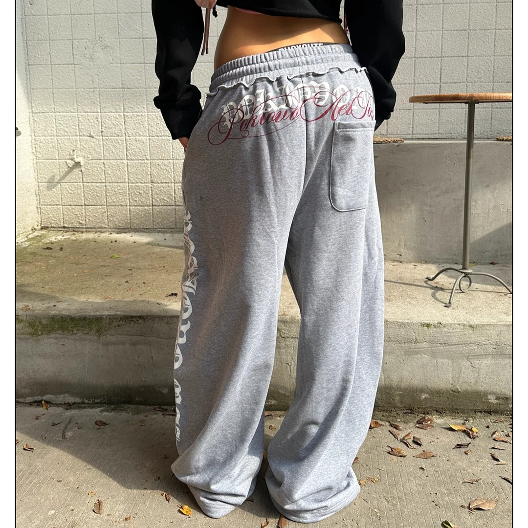 美式复古字母印花灰色直筒卫裤女慵懒风百搭爵士舞ins辣妹拖地裤