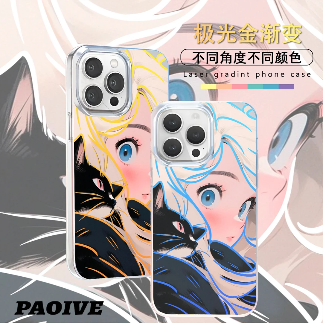 黑猫女孩适用苹果华为vivo一加iPhone小米极光金手机壳