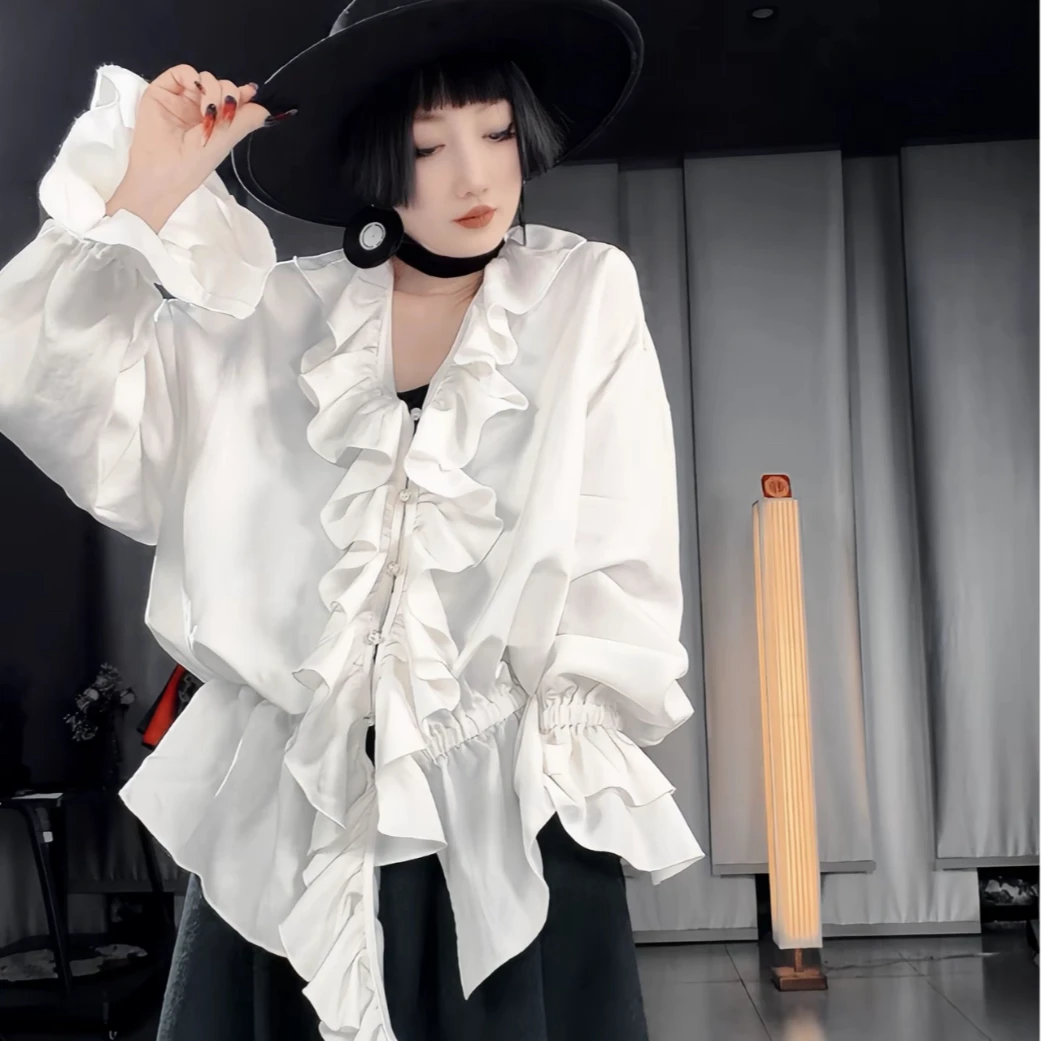 秋冬小众设计感厚款荷叶领衬衫裙女时尚气质百搭显瘦长袖衬衣外套