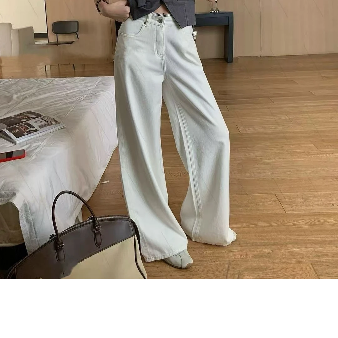 9310号6290#腰间条纹撞色拼接遮肉阔腿牛仔裤（预）