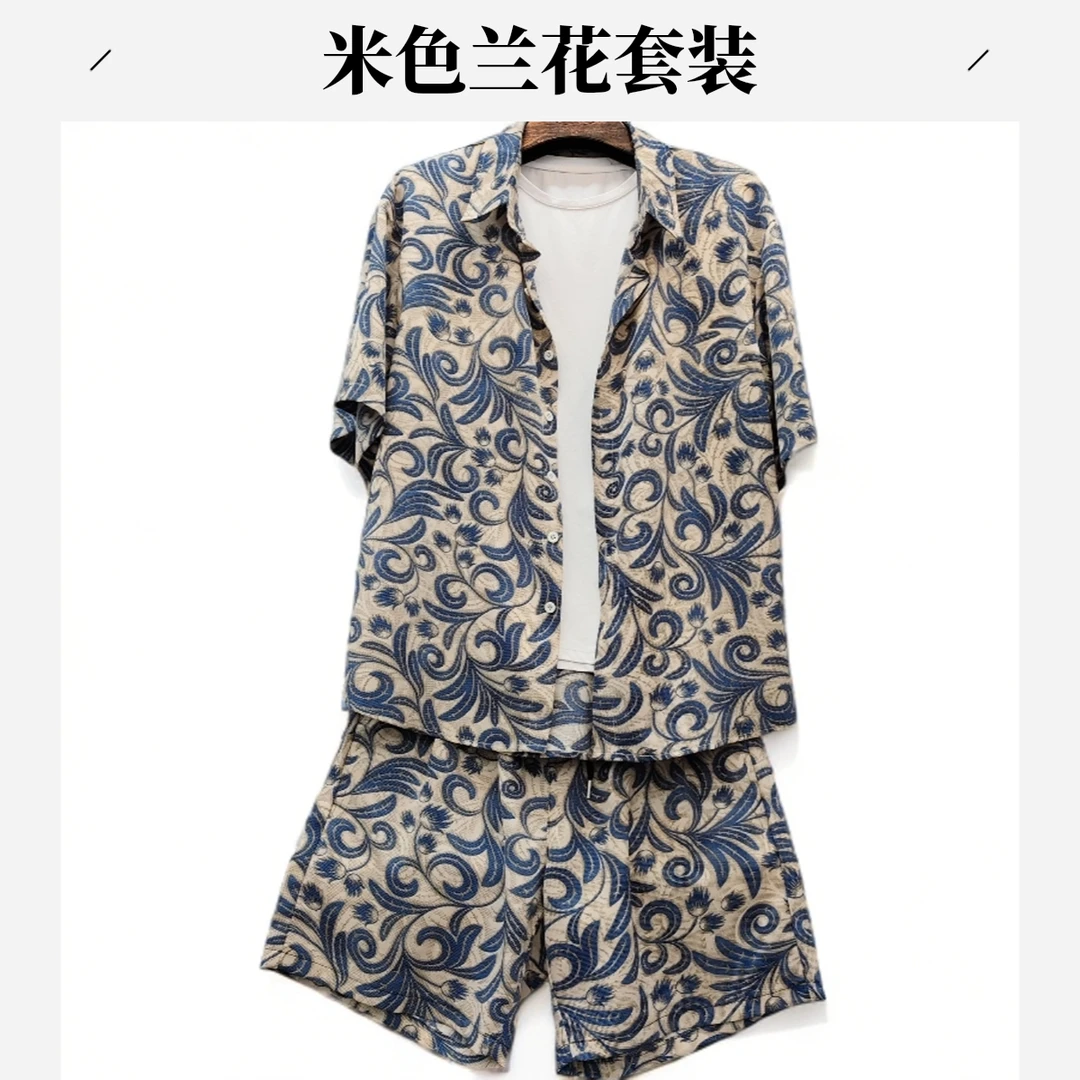 2025夏季新品男士时尚潮牌宽松款衬衫半袖坎袖短裤三件套薄料透气