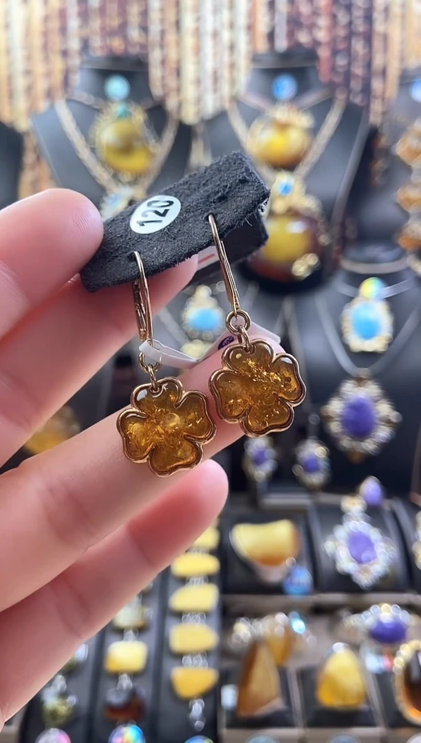 琥珀银S925镶嵌耳饰金花珀耳环
