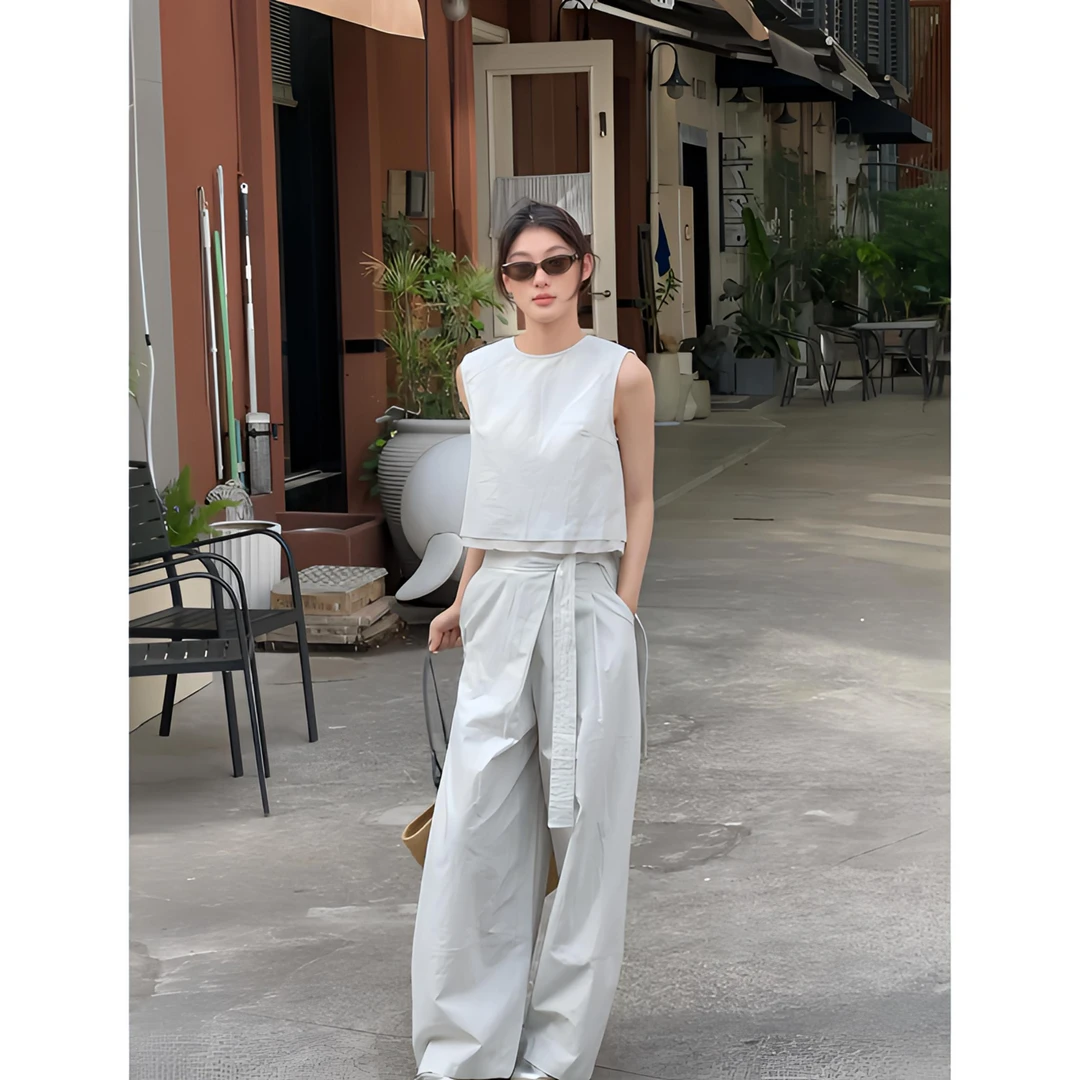 【清冷】韩系米灰色背心+工装阔腿裤两件套女2025夏新款设计感套装