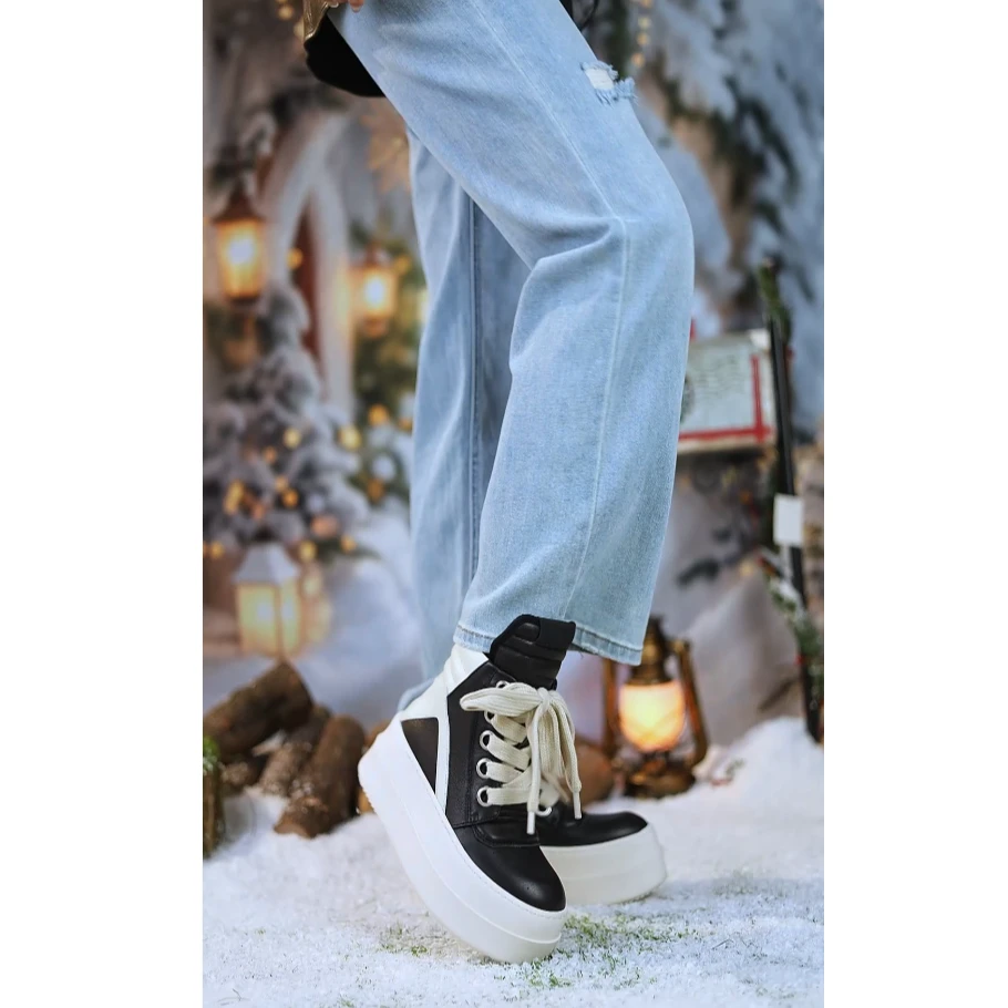 摩登女郎冬棉鞋保暖毛里真皮厚底高跟高帮大鞋舌倒三角板鞋潮短靴