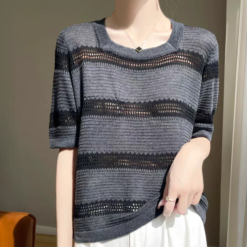 精纺羊毛方领镂空针织短袖