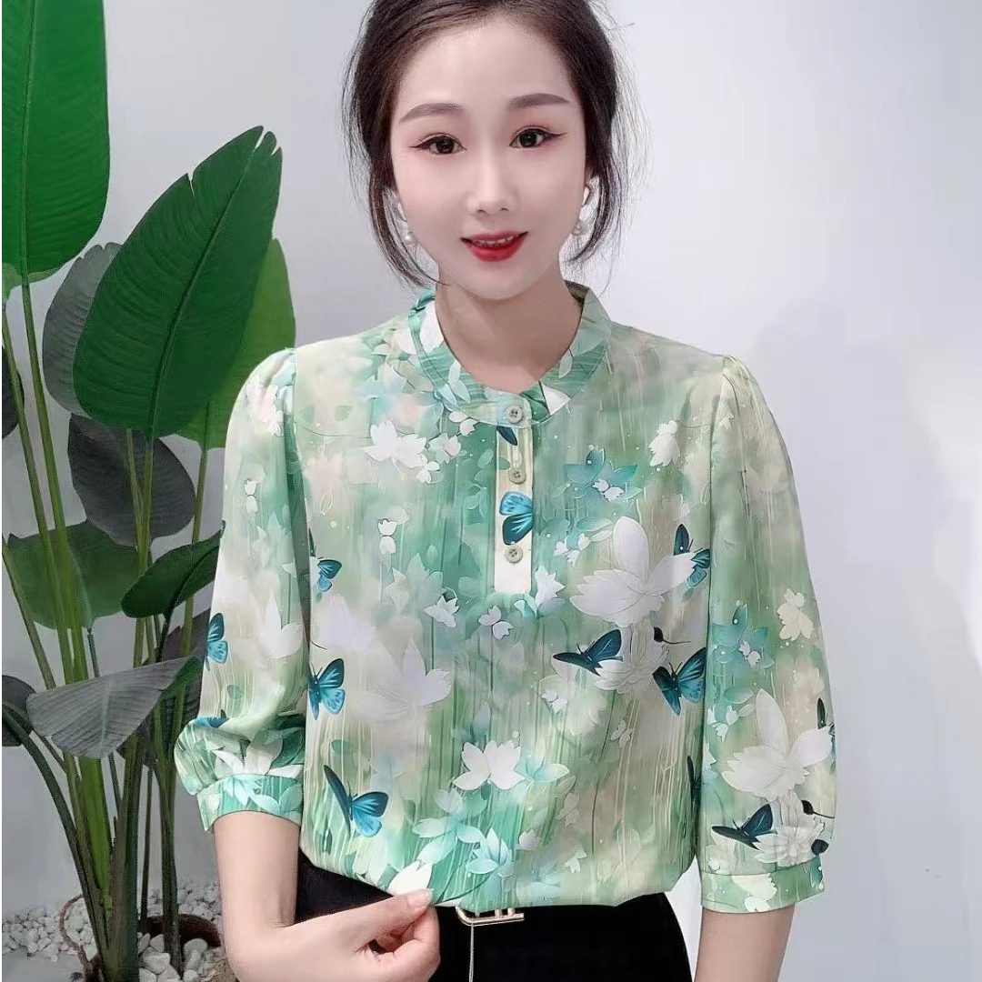 2025夏季新款时尚立领洋气印花长袖妈妈衬衫百搭气质减龄显瘦上衣