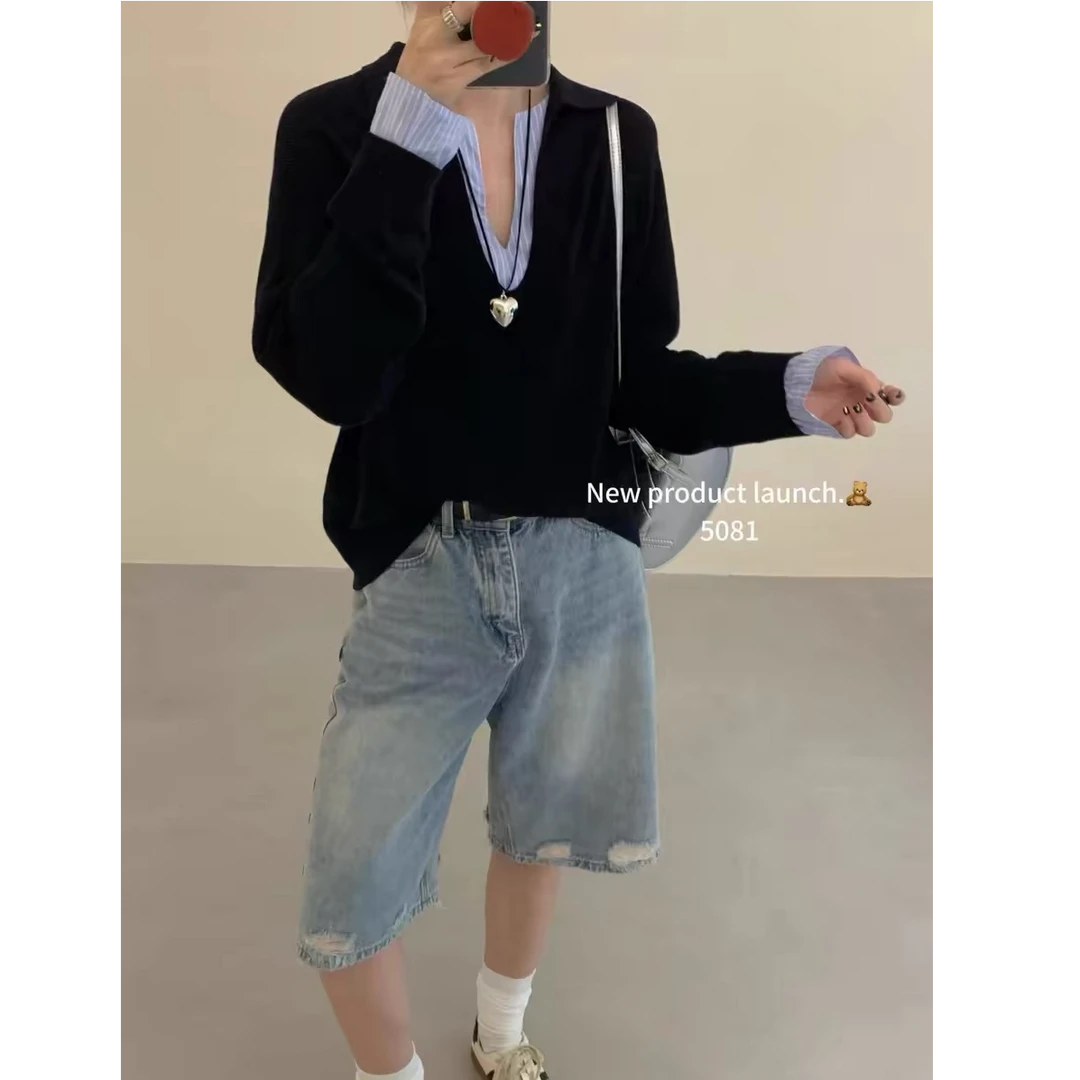 2025春季新款气质V领撞色衬衫拼接学院风减龄针织衫假两件上衣女