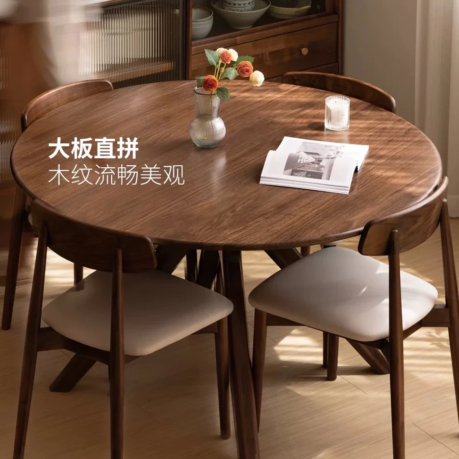 巷往森活北欧实木餐桌黑胡桃木圆桌带岩板转盘饭桌小户型圆形