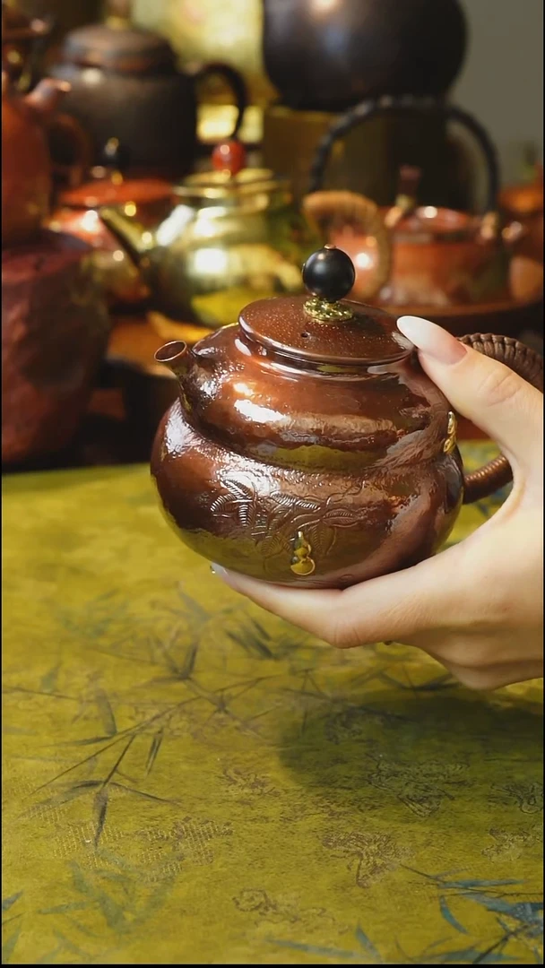 纯紫铜红色福禄泡茶壶