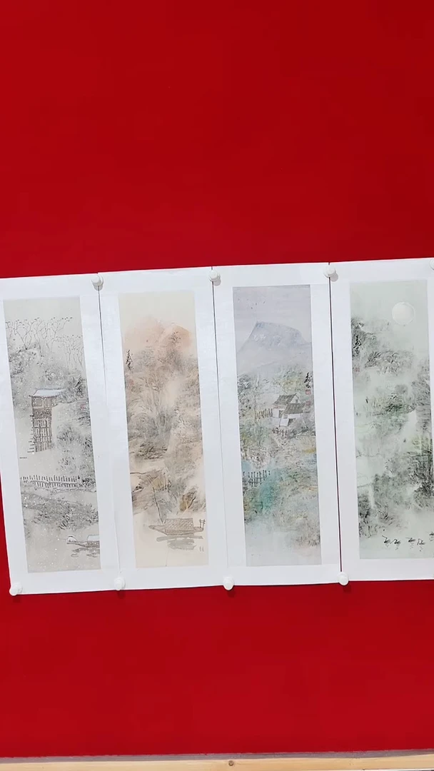国画国画Y-李玉国老师绘画作品-四条屏山水（带中国画协会证书）