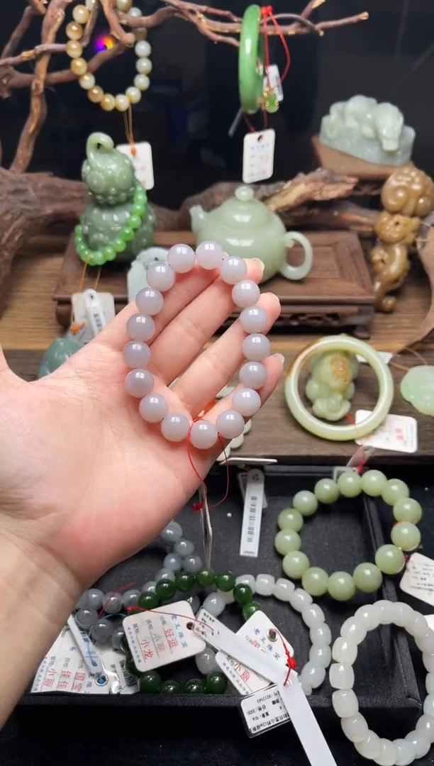 手串未镶嵌和田玉卡12青海烟紫带粉 圆珠9010252