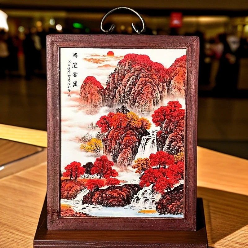 景德镇瓷板画红鸿运当头手工粉彩陶瓷实木边框37*29cm