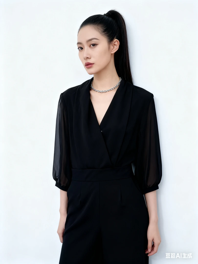 高腰连体裤连体衣显瘦连体短裤女装法式设计感简约黑色气质女神秋