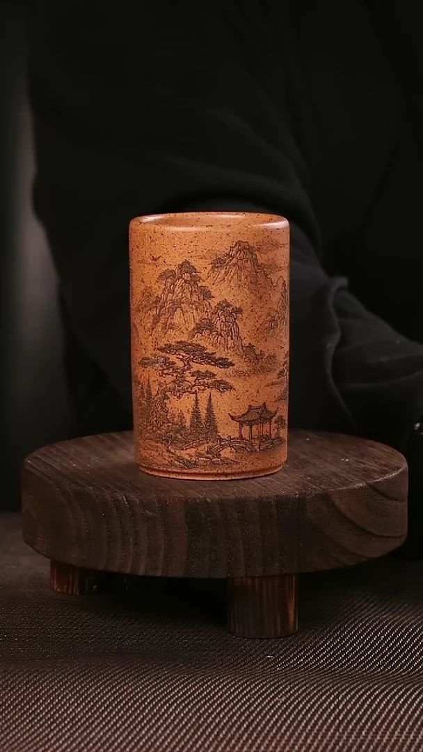 茶杯紫砂紫砂刻绘主人杯姜黄直筒杯