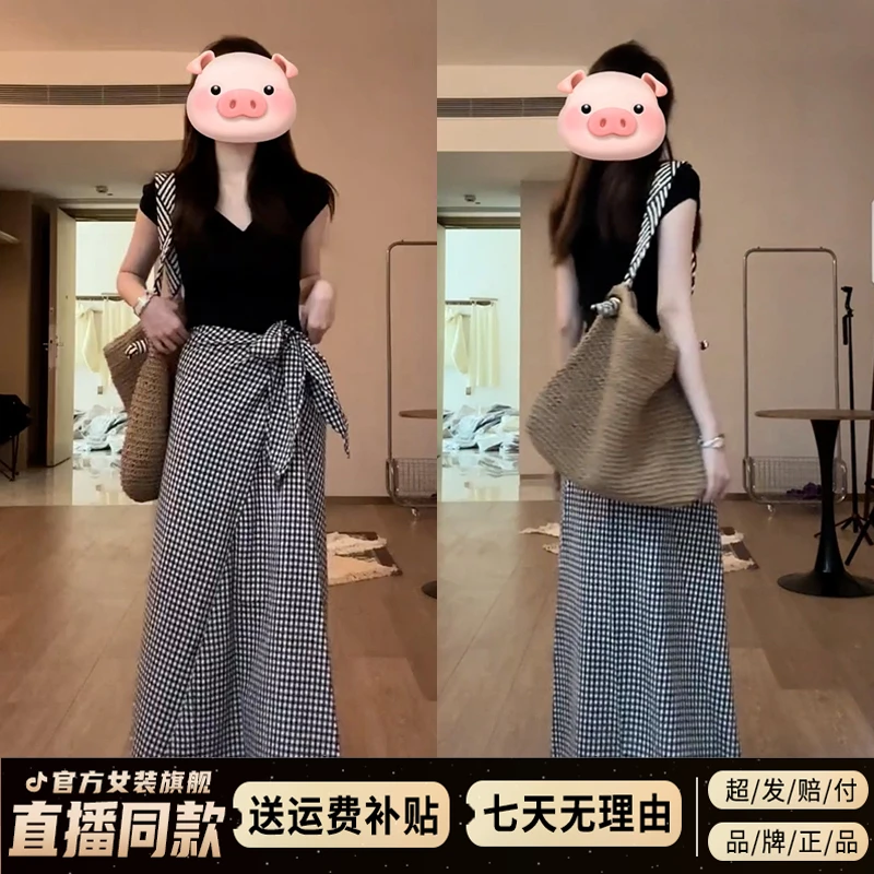 韩系黑色格纹半身连衣裙子女装2025新款春夏季小个子高级感长裙字