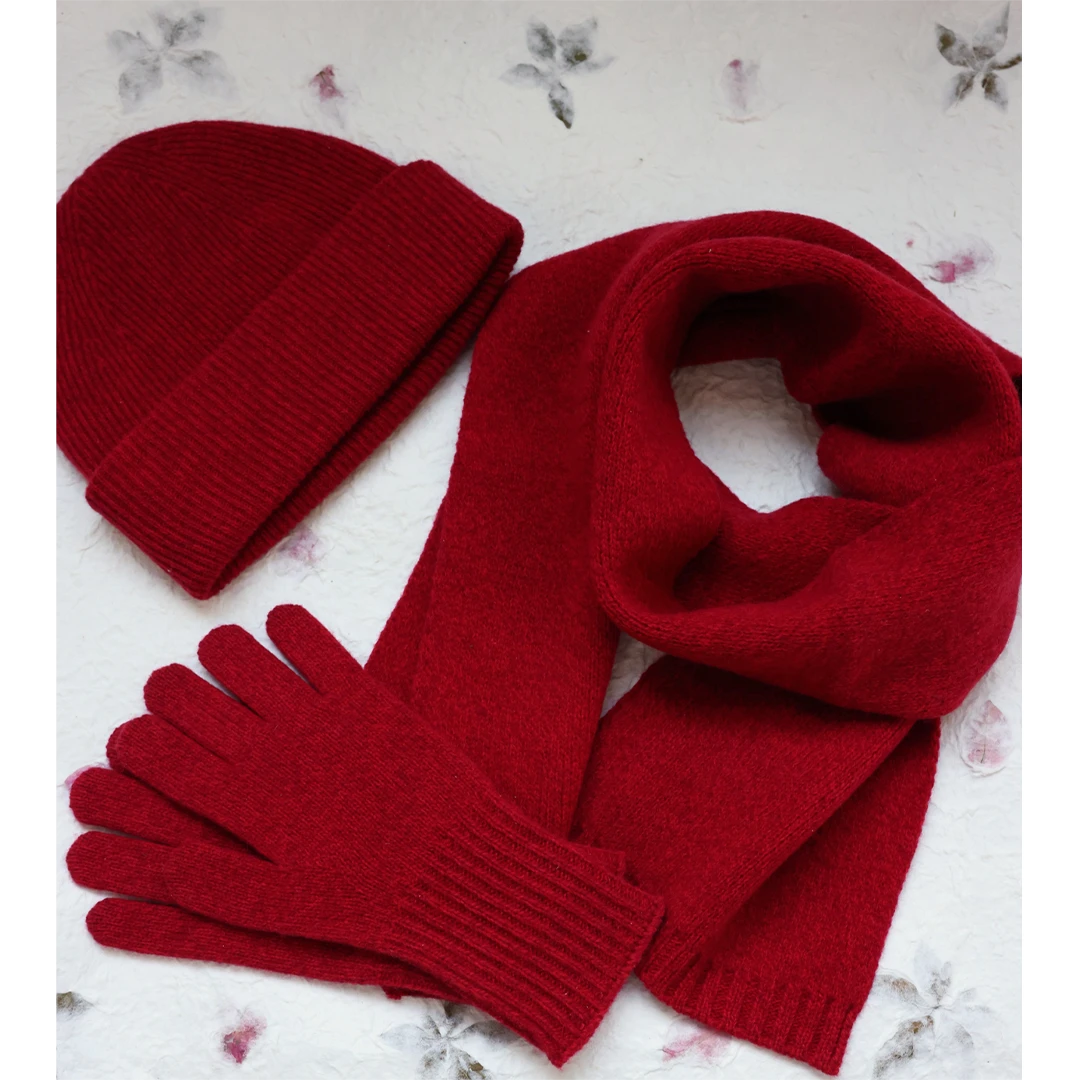 红色纯羊毛围巾女秋冬季加厚保暖帽子手套新年本命年礼物三件套