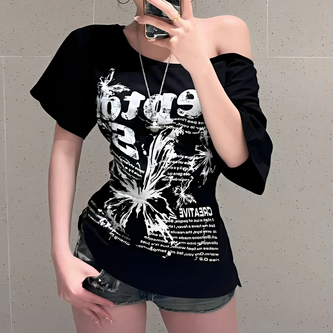 美式复古性感辣妹掐腰绑带显瘦蝴蝶印花T恤女夏季设计感百搭上衣
