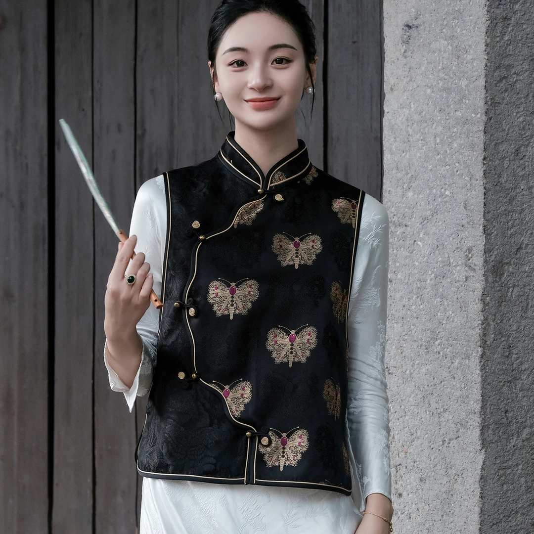 盛唐牡丹中式国风黑金蝴蝶花瓣襟马甲