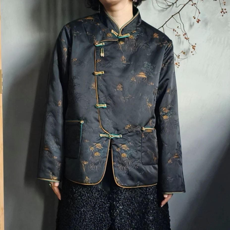 复古文艺新中式立领盘扣印花棉衣 3644