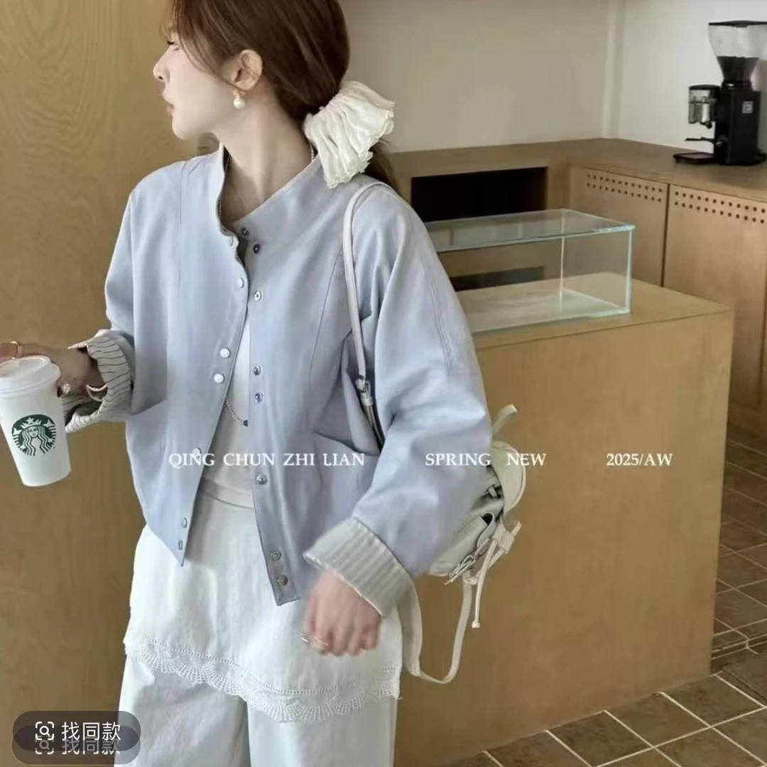 欧洲站设计感袖口拼接条纹立领棒球服短外套女2025春季新款上衣潮